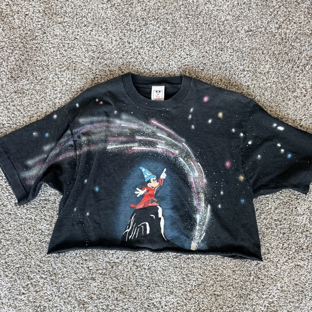 VTG 90s Disney Fantasia Mickey Mouse XL All Over Print T Shirt Crop Top Black